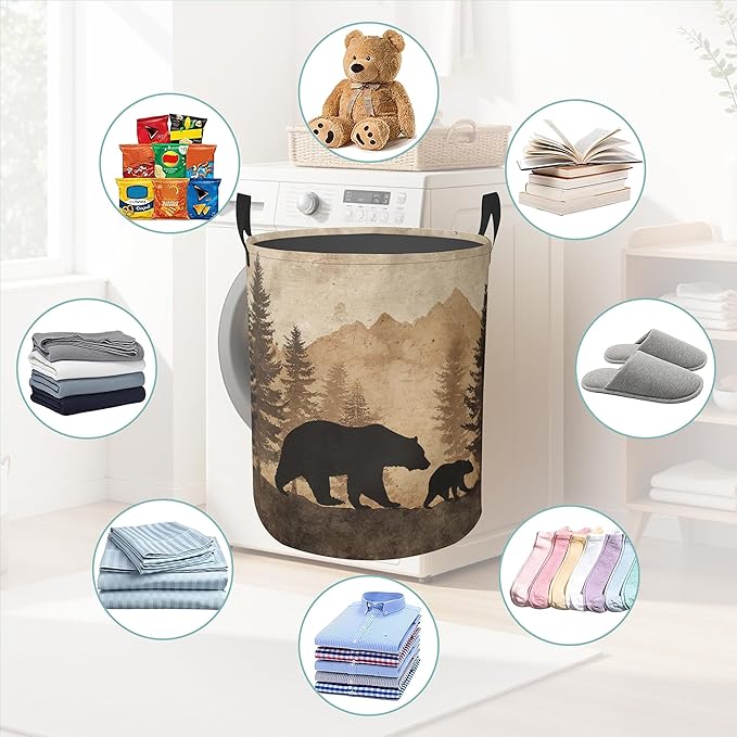 Vintage Forest Bear Round Laundry Hamper Storage Basket Toys Clothes Organizer Bin For Home Bathroom Bedroom Dorm Nursery