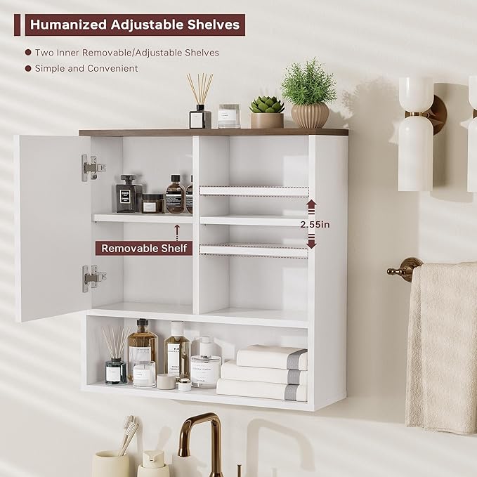 Bathroom Wall Storage Cabinet Fluted,Modern Over The Toilet Storage Cabinet Medicine Cabinet with Adjustable Shelves, Wood Curved Profile Wall Mounted Storage Organizer(White Wood, Medium)