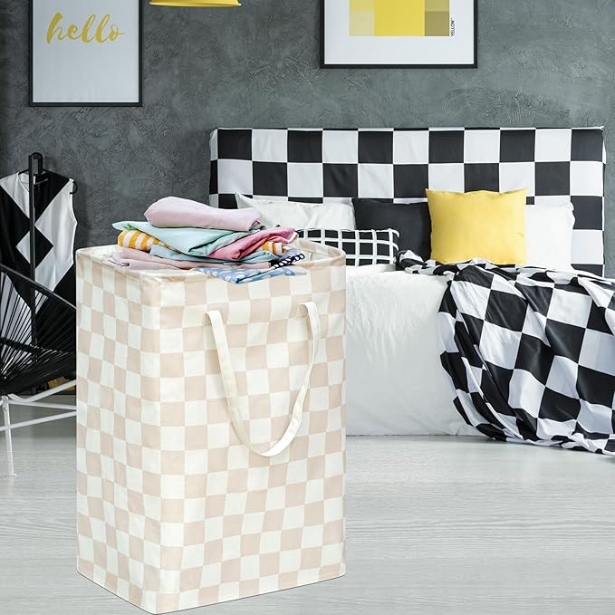MAIZMZ Beige Checkered Laundry Basket Girls Hamper Storage Bins Organizer Toy Box Large Canvas Collapsible Chest for Home/Dorm/Kitchen/Pet/Office/Closet/Shelf/Gift Baskets