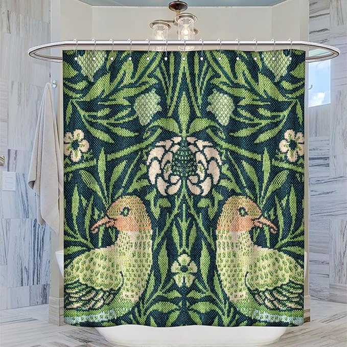 Boho Bird Shower Curtain William Morris Art Print Retro Bird Plant Natural Flower Pattern Print Shower Curtains 66""×72"" Inch, Style-6