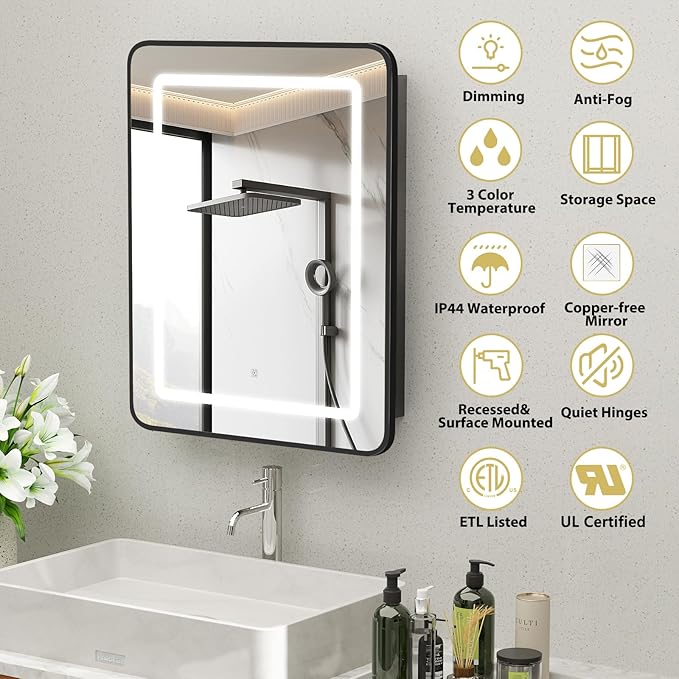 ROOMTEC Lighted Medicine Cabinet with Mirror 24"x30", Bathroom Mirror Cabinet with Lights and Storage, Single Doors Bathroom Wall Cabinet with LED Lights,Black