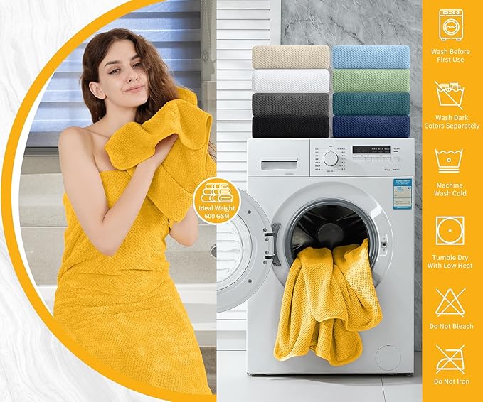 8 Piece Bathroom Towel Set |2 Oversized Bath Towels,2 Hand Towels,4 Washcloths| 600GSM Soft Large Bath Sheet Luxury Premium Microfibers Towel Highly Absorbent Quick Dry Hotel Towel Collection,Yellow