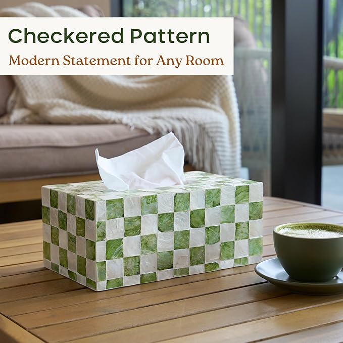 CHI AN HOME Rectangle Checkered Tissue Box Cover Handmade with Capiz Shells, Decorative Tissue Box Holder for Living Room, Bathroom or Kitchen Counter (Pistachio Green)