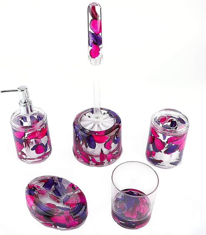 Locco Decor 5 Piece Acrylic Liquid 4D Floating Motion Bathroom Vanity Accessory Set Garden Theme Leaf Toothbrush Holder, Tumbler, Soap Dispenser, Soap Dish, Toiletbrush Holder Set