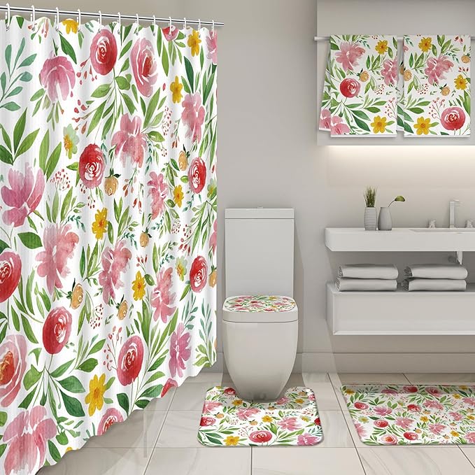 Nuanchu 6 Pcs Spring Shower Curtain Set with Rug Flower Bathroom Sets with Shower Curtain Bath Mat U Shaped Mat Toilet Lid Cover 2 Bath Towels and 12 Hooks Spring Flower Bathroom Decor