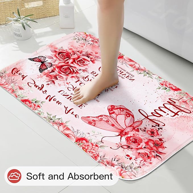 Litabel 4 Pcs Red Butterfly Inspirational Quotes Shower Curtain Set with Rugs and Toilet Lid Cover, Colorful Boho Waterproof Fabric Bathroom Set, Bible Verse Floral Bathroom Decor Set Accessories