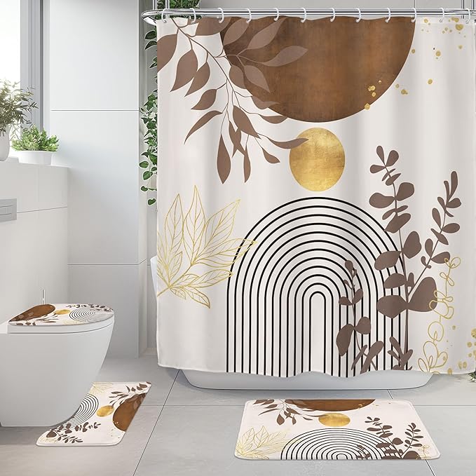 Riyidecor Brown Boho Mid Century 4Pcs Bathroom Shower Curtain Sets Modern Abstract Gold Bathroom Decor Set with Rugs and Accessories Minimalist Toilet Lid Rug, Contour and Bath Mat with 12 Hooks