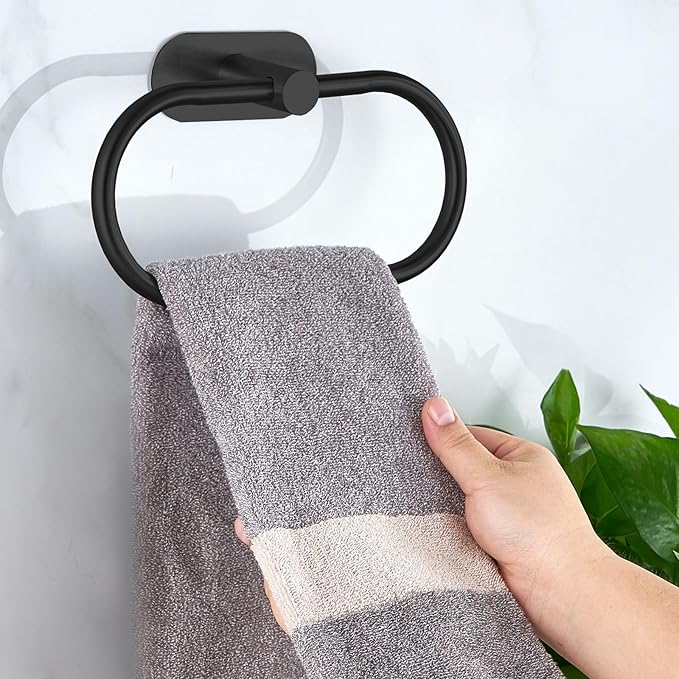 Towel Bar/Bath Towel Ring, Self Adhesive Hand Towel Ring for Bathroom, Stainless Steel Sticky Hand Towel Holder, No Drilling Modern Round Towel Hanger Wall Mounted (2 Pack, Black)