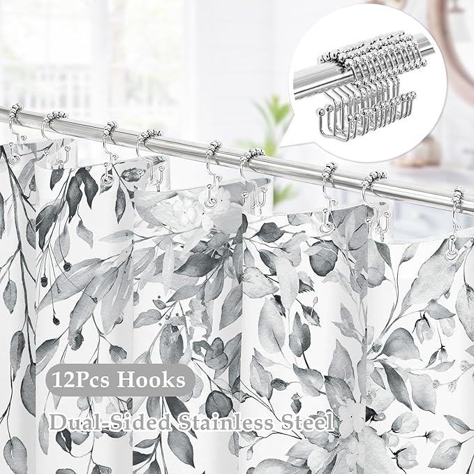 Gibelle Long 3 in 1 Shower Curtain Set, Watercolor Eucalyptus Bath Curtain and PEVA Liner Set with 12 Metal Hooks, Modern Waterproof Fabric Bathroom Curtain 72x78, Grey
