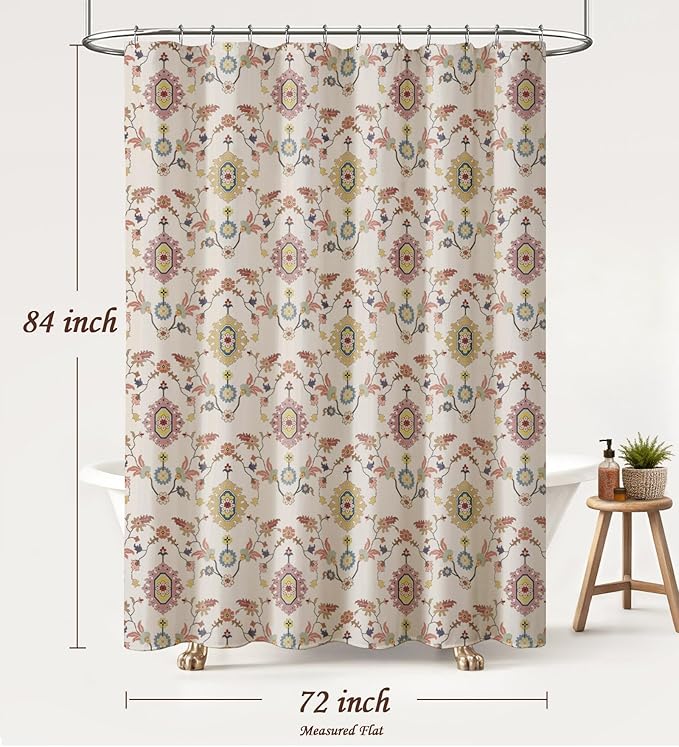 Boho Vintage Shower Curtain, Aesthetic Bohemian Patterned Shower Curtains for Bathroom, 72Wx84H