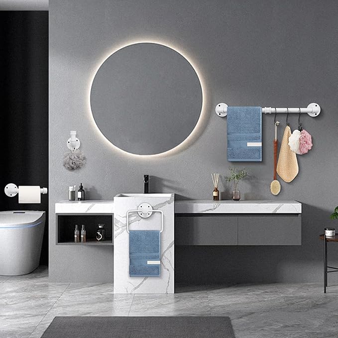 4-Pieces Industrial Pipe Bathroom Towel Ring Kit DIY Wall Mount Accessories Kit Includes Robe Hook Towel Bar and Towel Ring (White 18 inch)