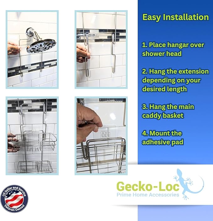 Gecko-Loc Extra-Long Adjustable Over-the-Showerhead Shower Caddy – Rustproof Stainless Steel Organizer with Suction Stabilizer, Deep Basket & Hooks – No-Drill, Tool-Free Installation (Silver)