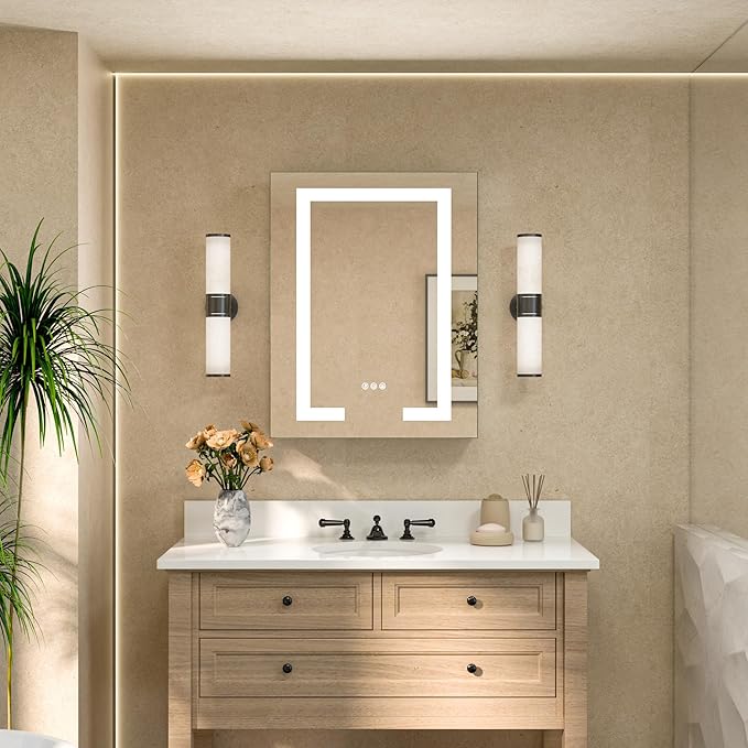 TETOTE LED Lighted Medicine Cabinet Mirror for Bathroom 20 x 26 Tempered Glass Recessed or Wall Mounted Cabinet with Storage & Outlets & USB, 3-Color Dimming Led Lights, Defogger, Adjustable Shelve