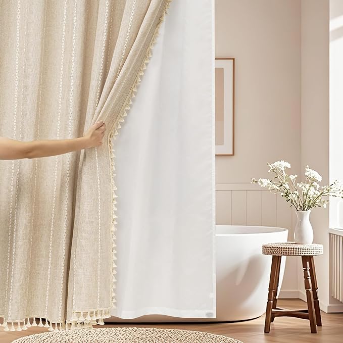 Boho Farmhouse Shower Curtain and Fabric Liner Set, Heavyweight Linen Textured Fabric Shower Curtain Beige with Tassels, 2 in 1 Waterproof Fabric Shower Curtain Set for Bathroom, 72x72 Inch