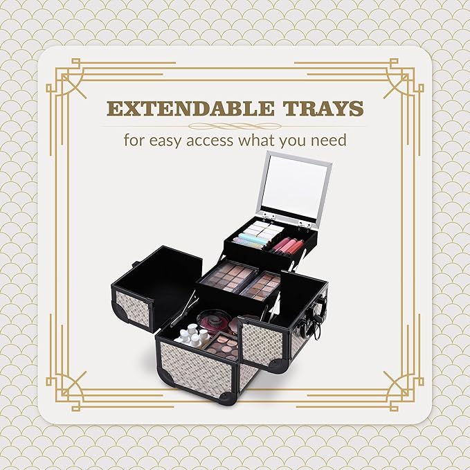 BYOOTIQUE Makeup Train Case with Mirror Cosmetic Organizer Art Deco Graphite
