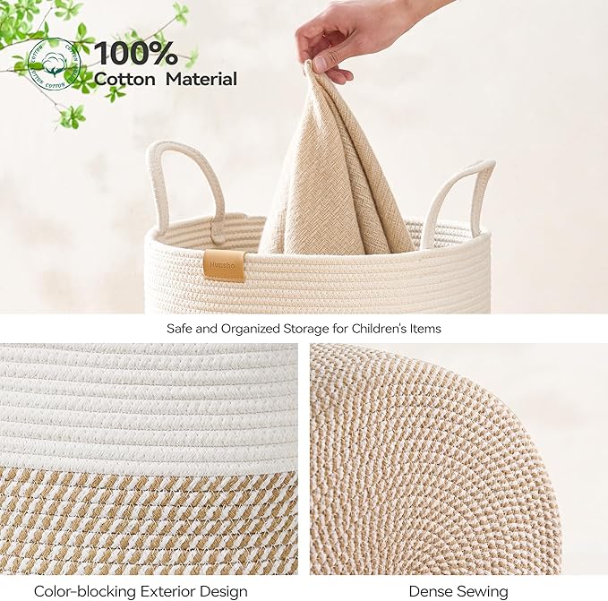 Nunsino Laundry Hamper 75L,Large Laundry Basket for Clothes,Decorative Storage Basket for Blankets,Cotton Rope Woven basket for bedroom,Brown White