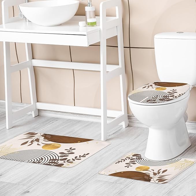 Riyidecor Brown Boho Mid Century 4Pcs Bathroom Shower Curtain Sets Modern Abstract Gold Bathroom Decor Set with Rugs and Accessories Minimalist Toilet Lid Rug, Contour and Bath Mat with 12 Hooks