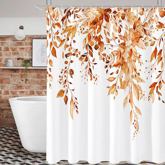 Gibelle Extra Long Shower Curtain 72 x 84, Orange Floral Shower Curtain for Bathroom, Fall Watercolor Plant Eucalyptus Leaves Fabric Shower Curtain Set