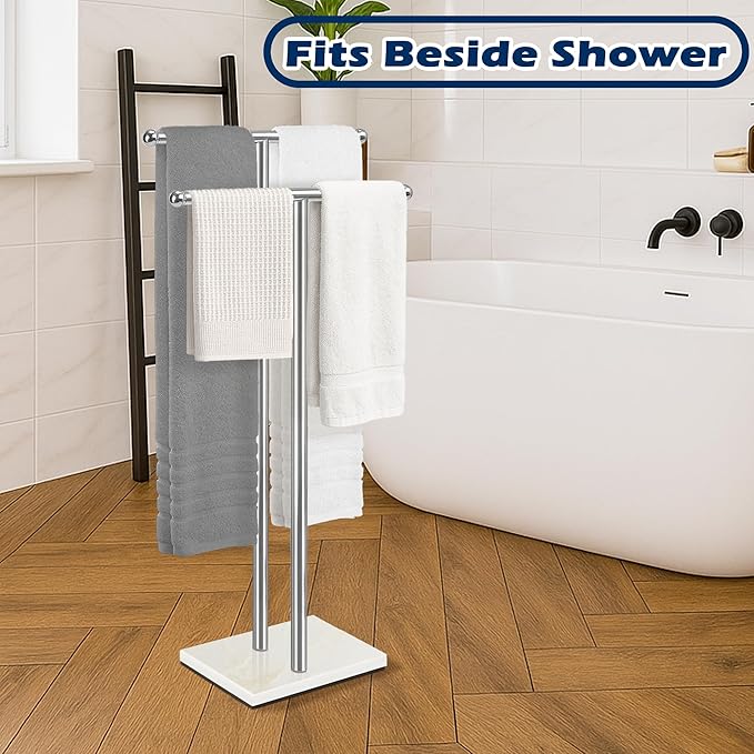 Standing Towel Rack with Marble Base, 2-Tier Free Standing Towel Racks for Bathroom, 40" Height Floor Towel Stand Holder for Bathroom, White