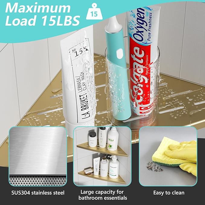 Qeke Corner Shower Shelf Brushed Golden, 304 Stainless Steel 11.5” Recessed Corner Shelf Bathroom for Tiled Wall, Floating Shower Shelves Shampoo Holder, No Drilling, 2 Pack
