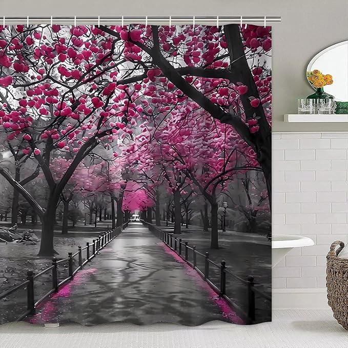 AZHM 4pcs Cherry Blossom Boulevard Shower Curtain Set Pink Flower Floral Bathroom Decor Accessories Set with Rugs and 12 Hooks