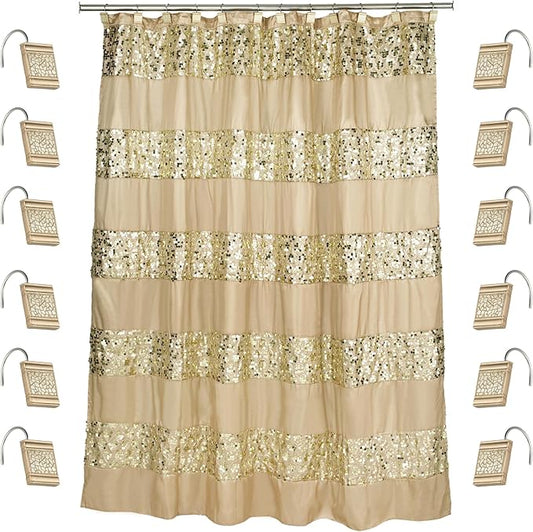 Zahari Home 13pc Sinatra Bathroom Shower Curtain Set - Gold Curtain & 12 Champagne Hooks - Luxury Fabric Bling Unique Beautiful Set