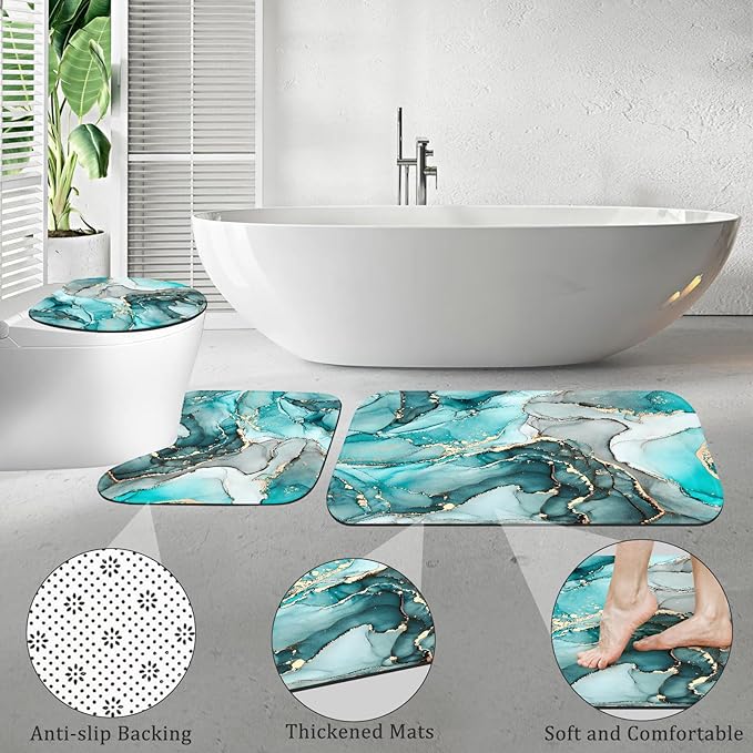 4PCS Teal Blue Marble Shower Curtain Sets with Rugs, Gold Abstract Bathroom Sets with Shower Curtain and Rugs, Modern Bathroom Curtains Shower Set with Accessories for Bathroom Decor