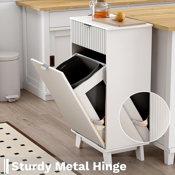 Double Tilt Out Laundry Hamper Cabinet, 20 Gallon Wooden Trash Can Cabinet with Storage Drawers, Hidden Fluted Garbage Can Holder for Kitchen, Living Room (White, 20.47" W x 35.83" H x 13" D)