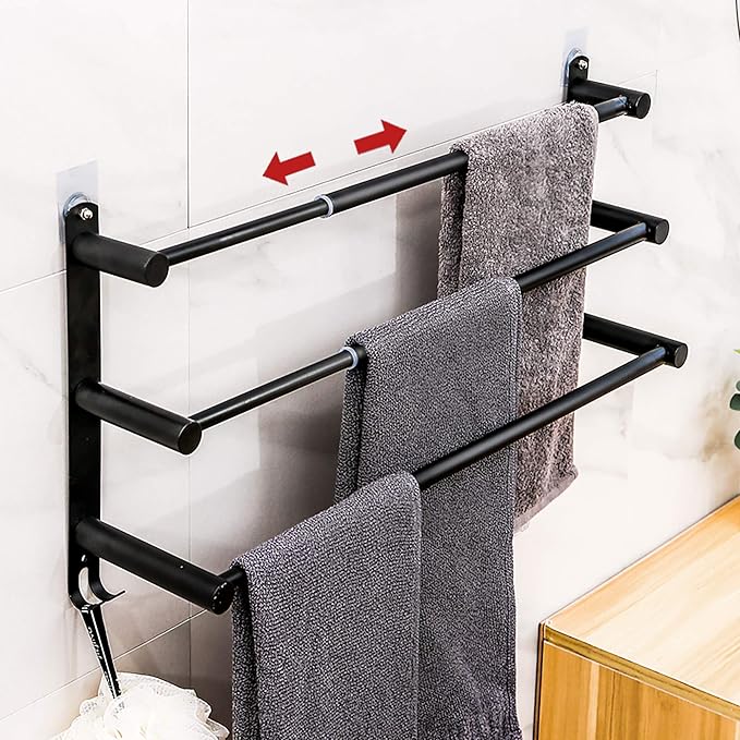 Towel Bars Freely Retractable 20-30 Inche Stainless Steel 304 Bath Towel Rack Strong 3M Adhesive Bathroom Wall-mounting Free mounting Hole-Installing washroom Kitchen Space Saving Black-3 Bars