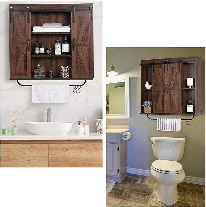RUSTOWN Rustic Wood Wall Storage Cabinet with Two Sliding Barn Door, 3-Tier Decorative Farmhouse Vintage Cabinet for Kitchen Dining, Bathroom, Living Room, Dark Walnut