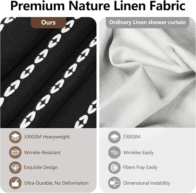 72 x 76 inch Extra Long Boho Chic Shower Curtain Heavyweight with Tassels, Soft Linen Textured Fabric Farmhouse Shower Curtain, Elegant Black and White Striped Bathroom Curtain Water Repellent