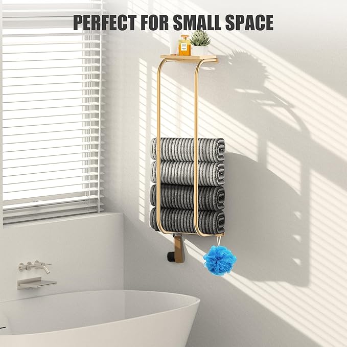 Towel Racks for Bathroom, Elegant Curved Bathroom Towel Storage Wall Mounted 30 inch with Shelf Can Holds 6 Large Towels, Wall Towel Rack for Rolled Towels, Gold