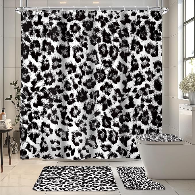 LIGHTINHOME 4 PCS Black Leopard Print Shower Curtain Set 72Wx72H,Toilet Lid Cover,Non-Slip Rugs and U-Shaped Mat,Wild Cheetah Bathroom Sets with Rugs Shower Accessories 12 Hooks for Bathroom Decor