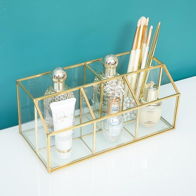 JIARI Gold 5-Compartment Desktop Organizer, Transparent Glass Makeup Brush Holder, 9.05x4.33x3.93 Inches Storage for Home Office and School Items (Gold-5 Slot)