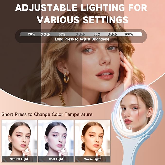 Hasipu Portable Travel Makeup Mirror with Lights – 360° Rotating with 1X/10X Magnifying, Rechargeable Tabletop Handhold Hanging 3 in 1 Mirror (Blue)