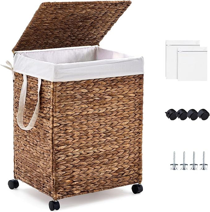Rolling Laundry Hamper with Lid, Natural Water Hyacinth Basket with Removable Liner, Wheel or Non-Slip Installation Laundry Basket for Home Use (Espresso, 100L)