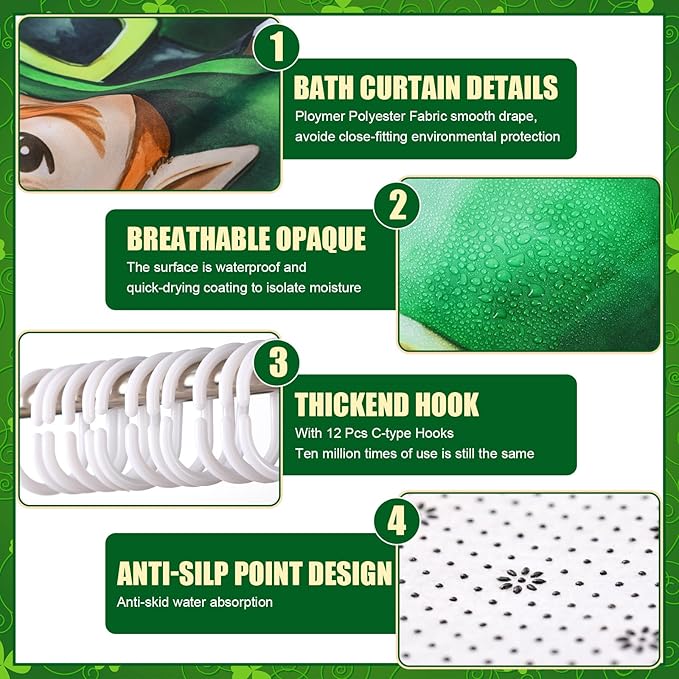 Nuanchu 6 Pcs St. Patrick's Day Shower Curtain Set with Rug Green Shamrock Clover Bathroom Sets with Shower Curtain Bath Mat U Shaped Mat Toilet Lid Cover 2 Bath Towels and 12 Hooks Bathroom Decor