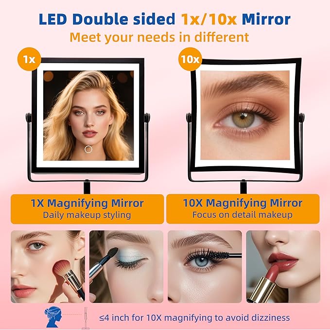 Ruacq Makeup Mirror with Lights, 4000mAh Rechargeable Magnifying Mirror with Light, 1X/10X, Height Adjustable Bathroom Vanity Mirror, 3 Colors, Adjustable Brightness (Oil Rubbed Bronze)