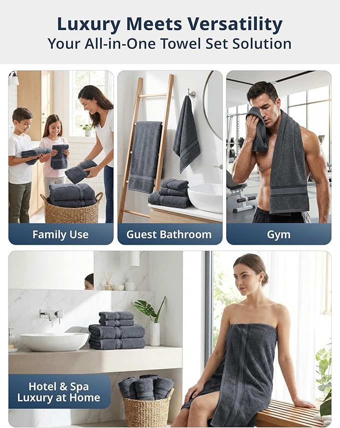 LANE LINEN Luxury Bath Towels Set - 6 Piece, 100% Cotton, Quick Dry, Soft & Absorbent, Zero Twist - 2 Bath Towels, 2 Hand Towels, 2 Washcloths - Cool Grey
