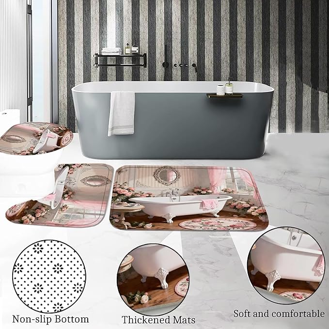 DDQQ 4 Pcs Pink Rose Shower Curtain Floral Bathroom Sets with Shower Curtain and Rugs Romantic Flowers Shower Curtain Set Women Bathroom Decor Bathroom Rug Set Toilet Lid Cover Hooks