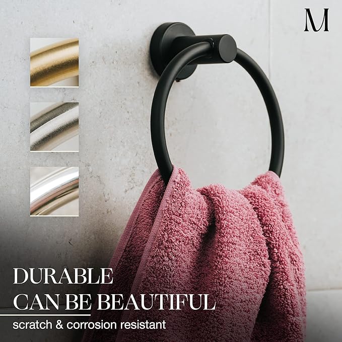 MARMOLUX ACC Matte Black Towel Rings (2 Pack) - Modern Hand Towel Holders for Bathroom Wall - Round Stainless Steel Bathroom Towel Racks - Black Towel Hangers for Bathroom - Towel Holder Bathroom