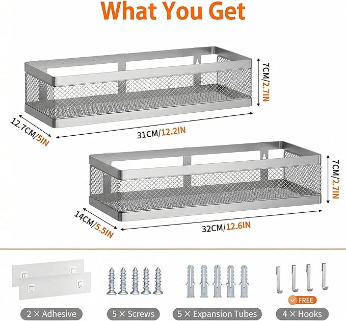 PUSDON Mesh Shower Caddy Wall Mount, Heavy Duty Adhesive Bathroom Shelf Organizer, Rustproof Floating Spice Rack for Kitchen Pantry, Holds 50 LBS, Multi-Purpose Storage Silver Gray -2 Packs (Netting)
