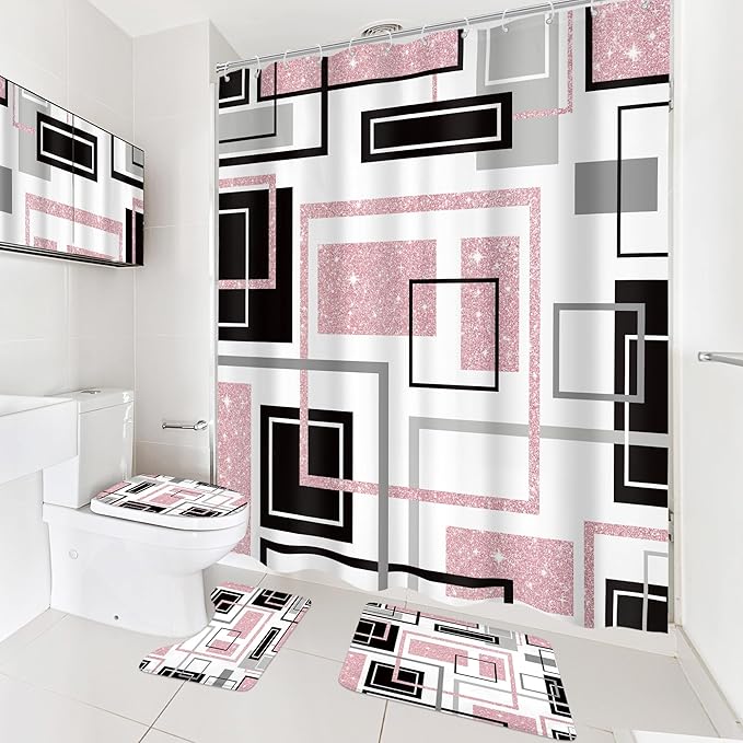 Cinbloo 4Pcs Abstract Black Pink Geometric Shower Curtain Set, Girls Girly Simple Minimalist Modern Women Gray Grey Bathroom Curtain with Rug Toilet Lid Cover Bath Mat with 12 Plastic Hooks