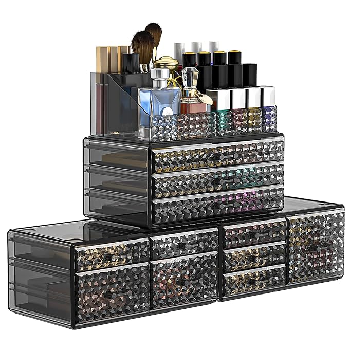 Awenia 4 Pack Stackable Makeup Organizer[Upgraded],Acrylic Cosmetics Storage Large Capacity with 11 Drawers For Brush Holder,Perfume or Jewelry Display,Plus Size| Ship from USA(Gray)