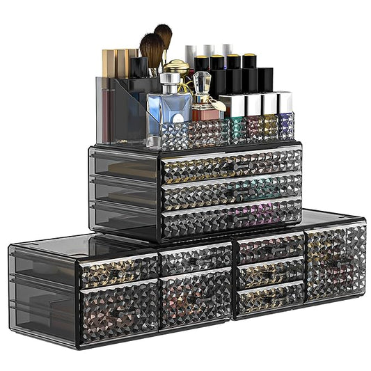 Awenia 4 Pack Stackable Makeup Organizer[Upgraded],Acrylic Cosmetics Storage Large Capacity with 11 Drawers For Brush Holder,Perfume or Jewelry Display,Plus Size| Ship from USA(Gray)
