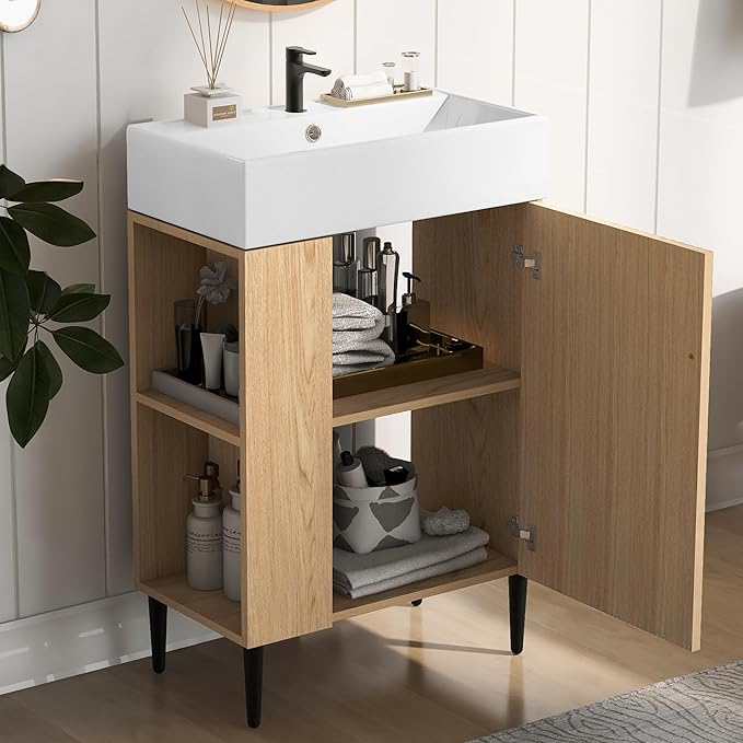 Virubi 21.6 in Small Bathroom Vanity with Sink,Doors and Storage Shelves,Wood Modern Single Fluted Bathroom Sink Cabinet Freestanding (Natural Wood,Left Shelf)