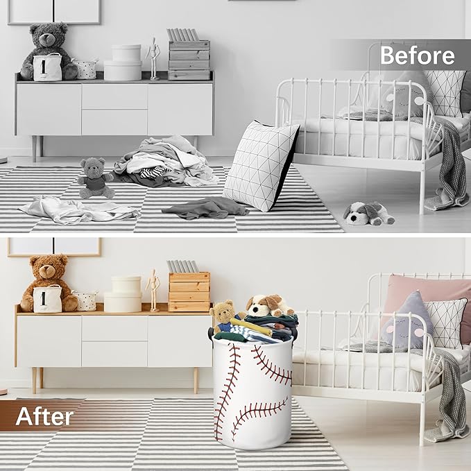 Baseball Laundry Basket, Collapsible Waterproof Oxford Cloth Laundry Hamper, Funny Round Kids Toys Storage Basket as Room Decor, Dirty Clothes Hamper for Bedroom Bathroom Dorm