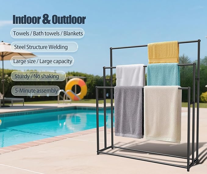 3 Tier Standing Towel Rack - Extra Wide Large Bathroom Towel Stand, Heavy-Duty Metal Towel Drying Rack for Poolside (Matte Black, 25.6” Wide)