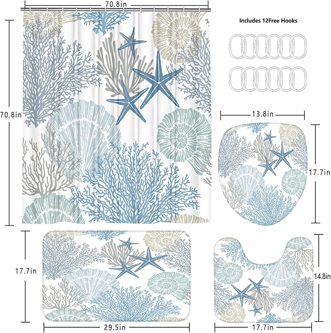 Nkzply 4 Pcs Beach Shower Curtain Blue Bathroom Sets with Shower Curtain and Rugs Ocean Shower Curtain Set Starfish Bathroom Decor Accessories Seashell Bathroom Rug Set Nautical Toilet Lid Cover Hooks