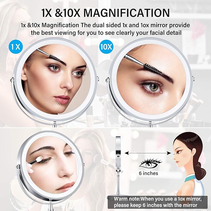 8" Lighted Makeup Mirror, 10X Makeup Mirror with Lights, Double Sided Dimmable Magnifying Mirror with Light, Rechargeable and Brightness Adjustable, Cordless Vanity Mirror with Lights